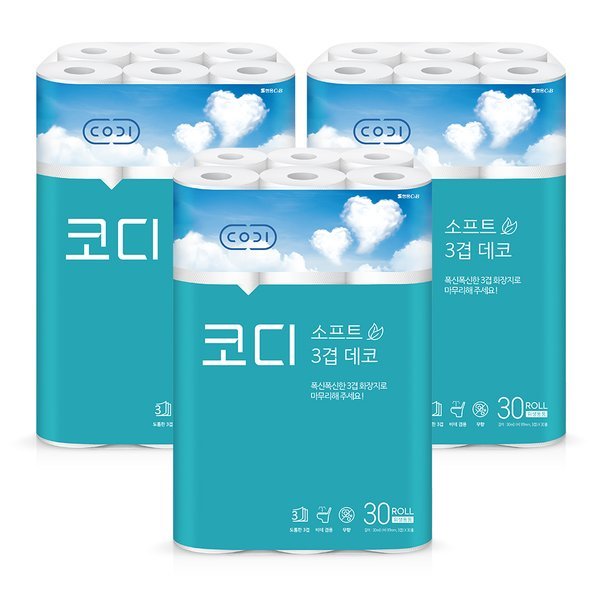 Coordination Soft 3 Layer Deco Toilet Paper 30m 30 Rolls 3 Pack