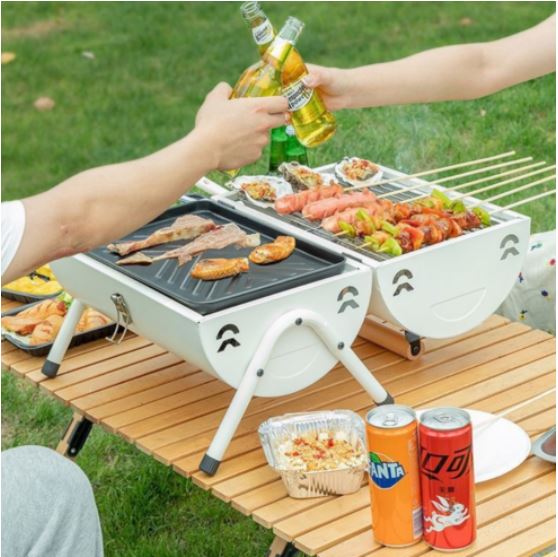 Camping stove barbecue grill Portable smoked direct fire charcoal grill meat plate for double-sided use Grilling plate 2 colors, ivory, one item
