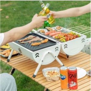 Camping stove barbecue grill Portable smoked direct fire charcoal grill meat plate for double-sided use Grilling plate 2 colors, ivory, one item